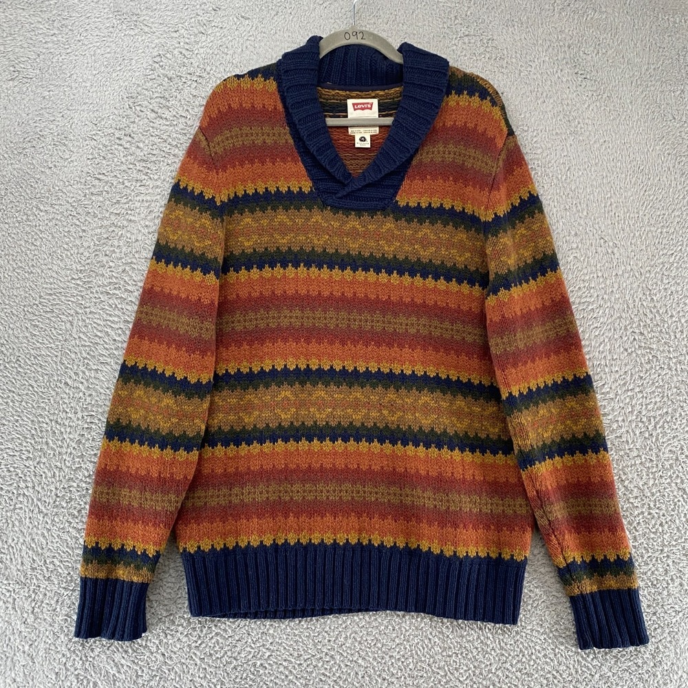 Levi's Sweater Mens Large Wool‎ Striped Shawl Collar Southwestern Orange